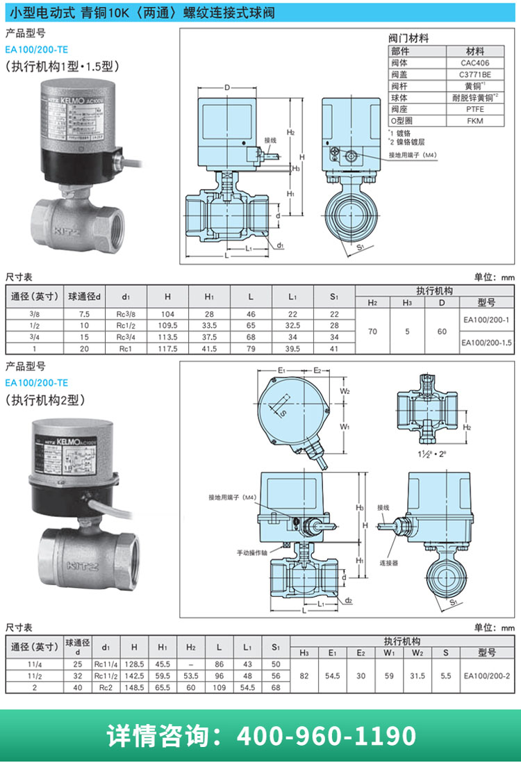 Kitazawa KITZ Small Electric Two way Ball Valve EA200-TE Bronze 10K Screw Thread Valve, Japan