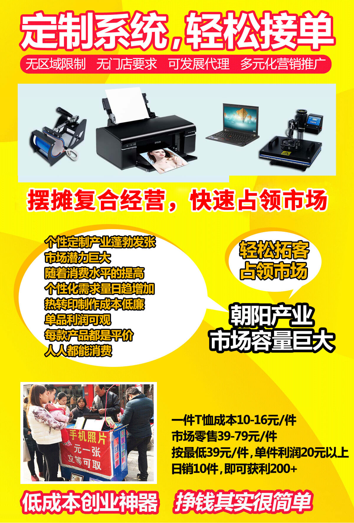 A complete set of machine equipment for printing on T-shirts at a stall. Mobile commercial UV heat transfer printing technology for guest quick printing