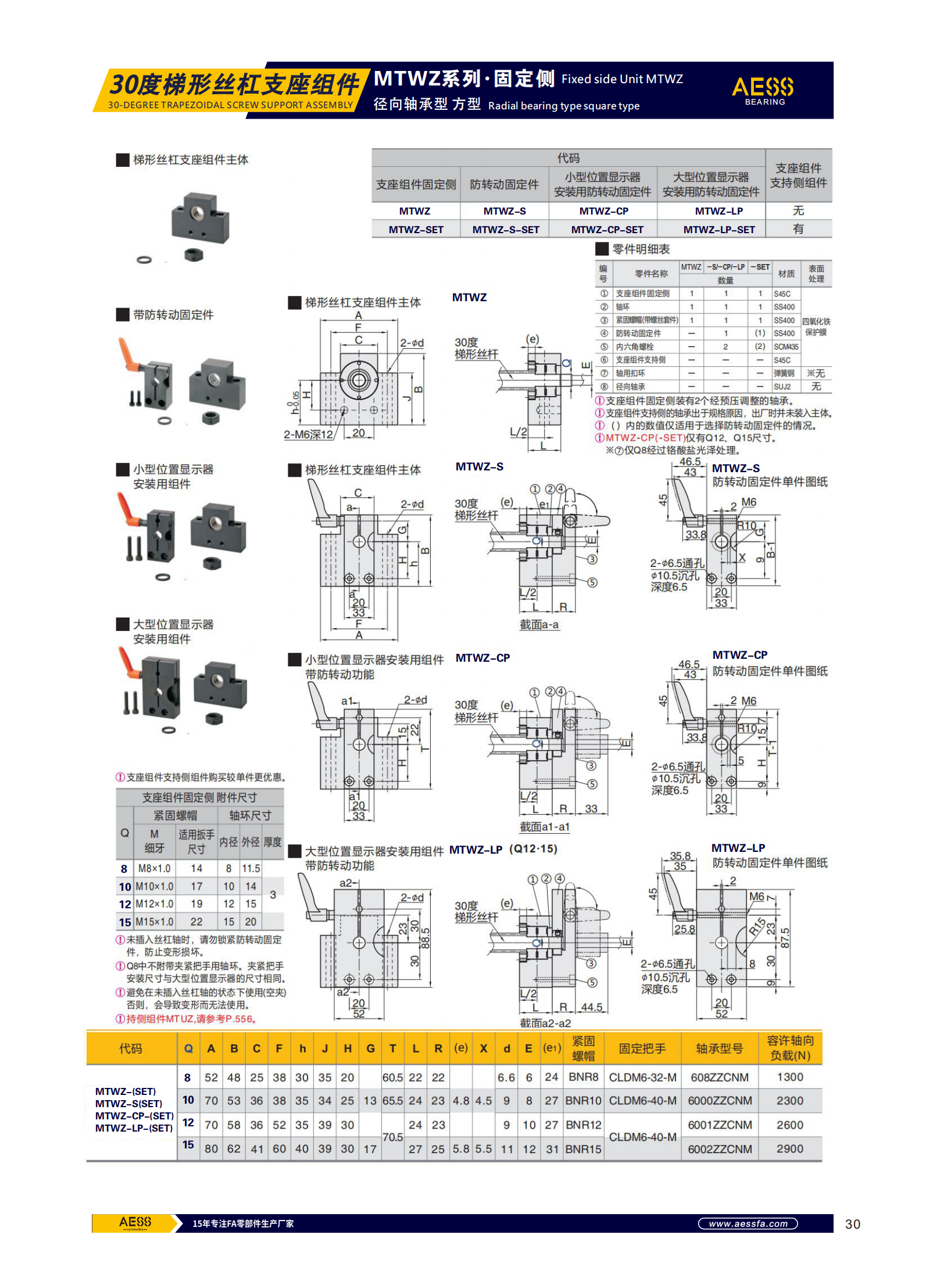 MTWZ square 30 degree trapezoidal screw support component screw support seat replacement MISUMI Yiheda LHF