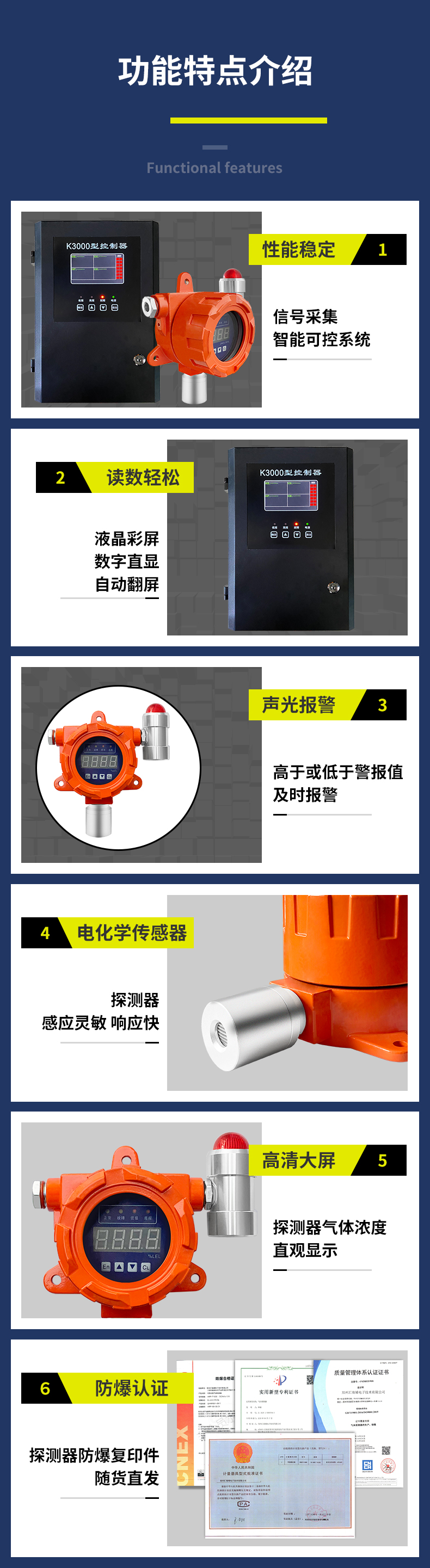 Fixed combustible gas detector for industrial and commercial use - Natural gas, gas, liquefied gas leakage audible and visual alarm