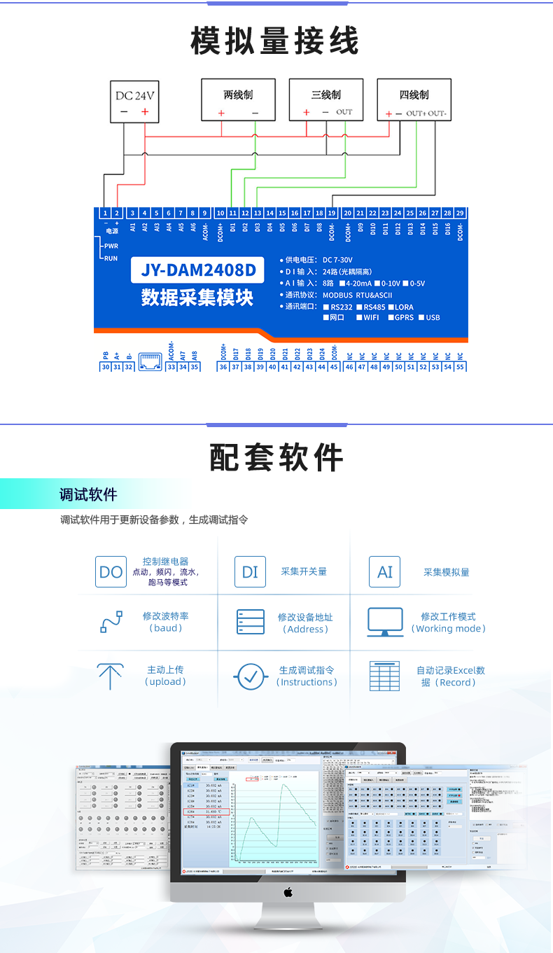 20/24/28 channels of DI switch quantity acquisition input module, 8 channels of analog quantity acquisition, 8AIModbus RS485