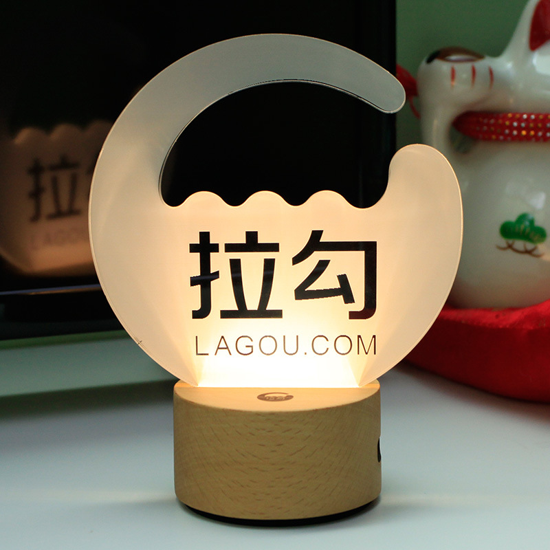 Beech Creative 3D Night Light Enterprise Company Advertising Promotion Design Pattern Logo Solid Wood Base LED Table Lamp