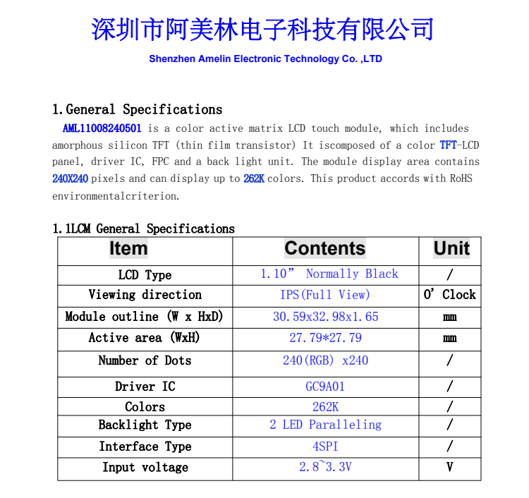 Manufacturer's 1.1 inch TFT screen, 240X240 LCD display screen, small size IPS LCD module, LCD watch screen