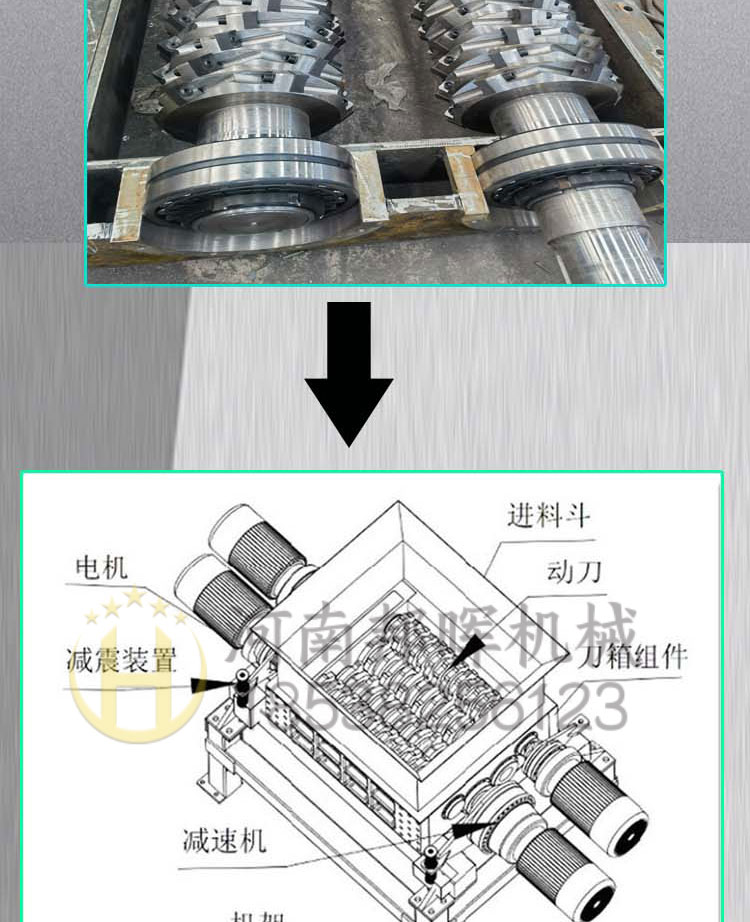 Multi functional dual axis shredder, large household waste crusher, waste paper and newspaper shredder with small footprint