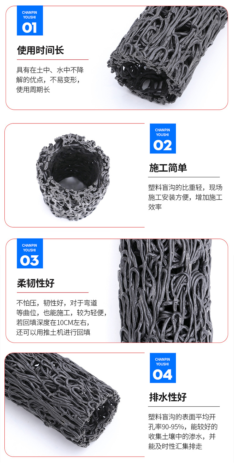 Wangao brand railway and highway composite blind ditch pipe with black disordered PP mesh drainage pipe 80mm customized