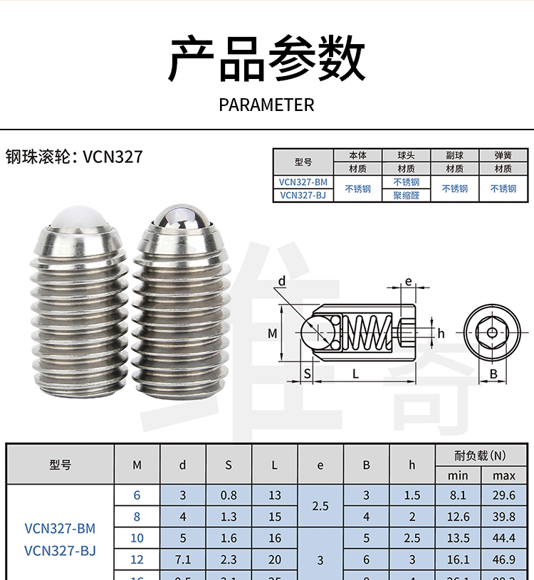 BPRM ball head plunger roller type with spring steel ball roller BPRJ universal ball cow eye VCN327 manufacturer wholesale