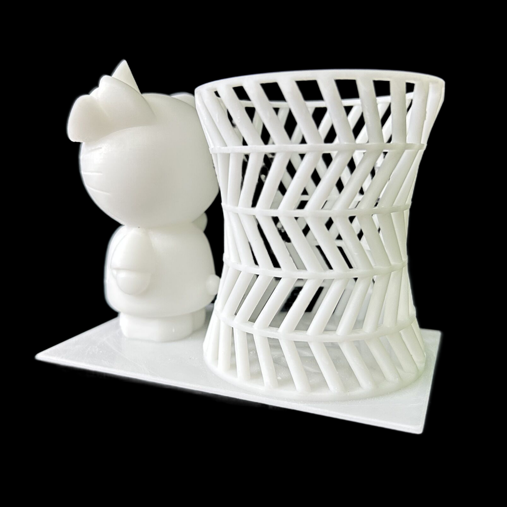 Kity pen holder, white, yellow, purple, 3D printing, customized model, quick sample delivery, color application, and silk printing