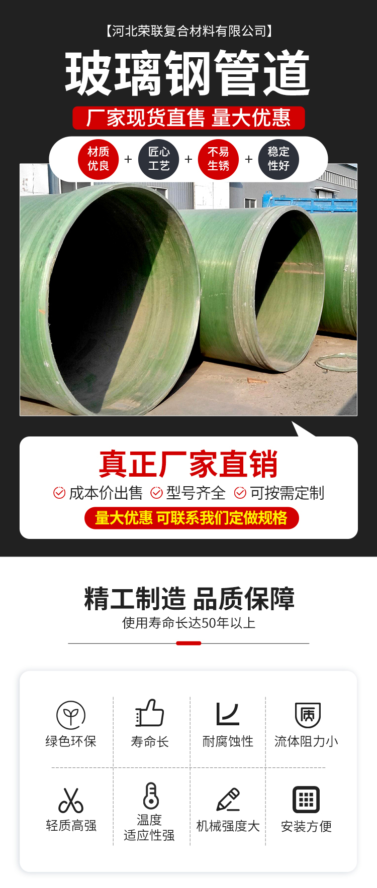 Ronglian Composite Fiberglass Reinforced Plastic Sandwich Pipe Manufacturer Wholesale Quality, Light Anticorrosion, and High Temperature Resistance National Support Factory Inspection