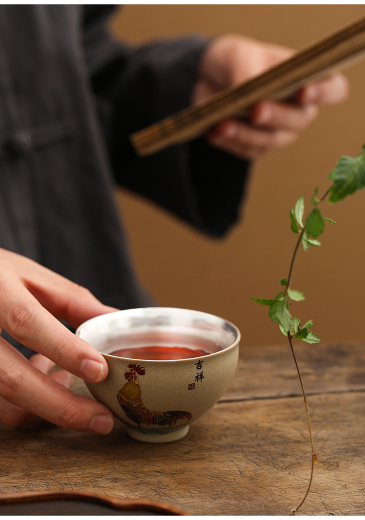 Chicken Tank 999 Silver Tea Cup Kung Fu Tea Bowl Gilded Tea Tasting Golden Chicken Master Cup Inlaid with Silver Tea Cup