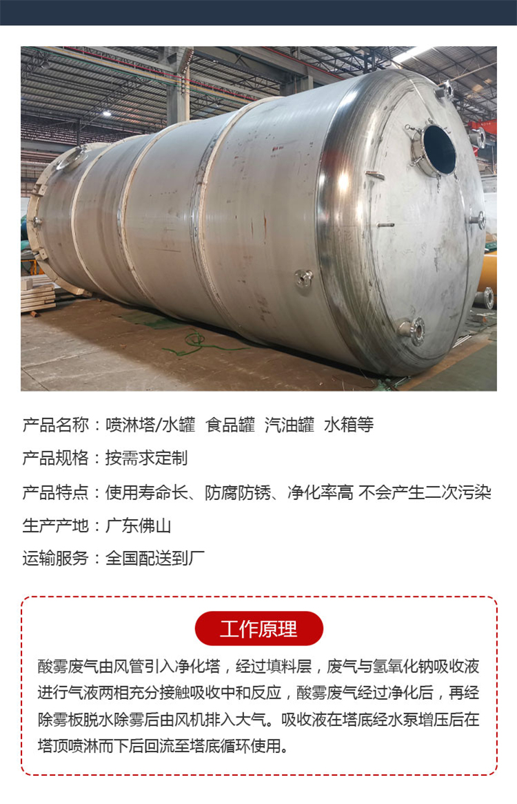 Industrial stainless steel spray tower for Jinjuwang acid mist dust removal and desulfurization waste gas purification equipment