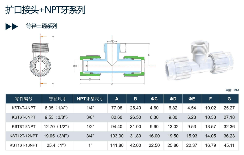 PFA flared NPT threaded tee joint, equal diameter reducing tee pipe sleeve joint, supporting non-standard customization