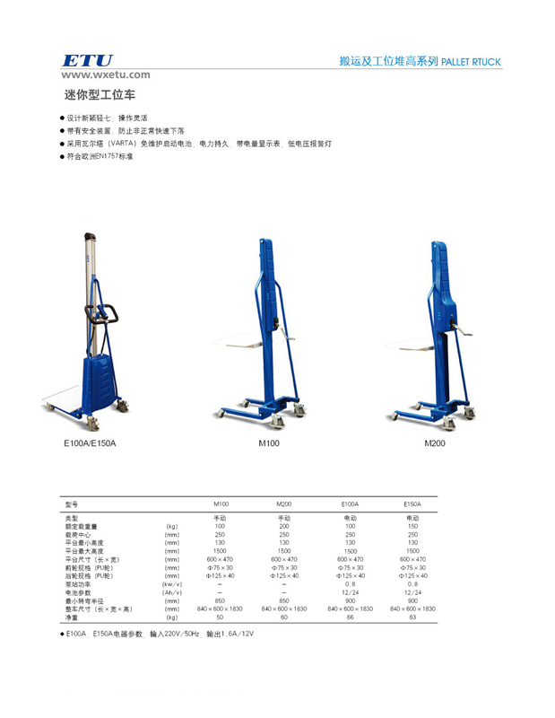 ETU Yitiyou produces hand-operated mini station vehicles, hand operated elevating vehicles, and light stacking vehicles