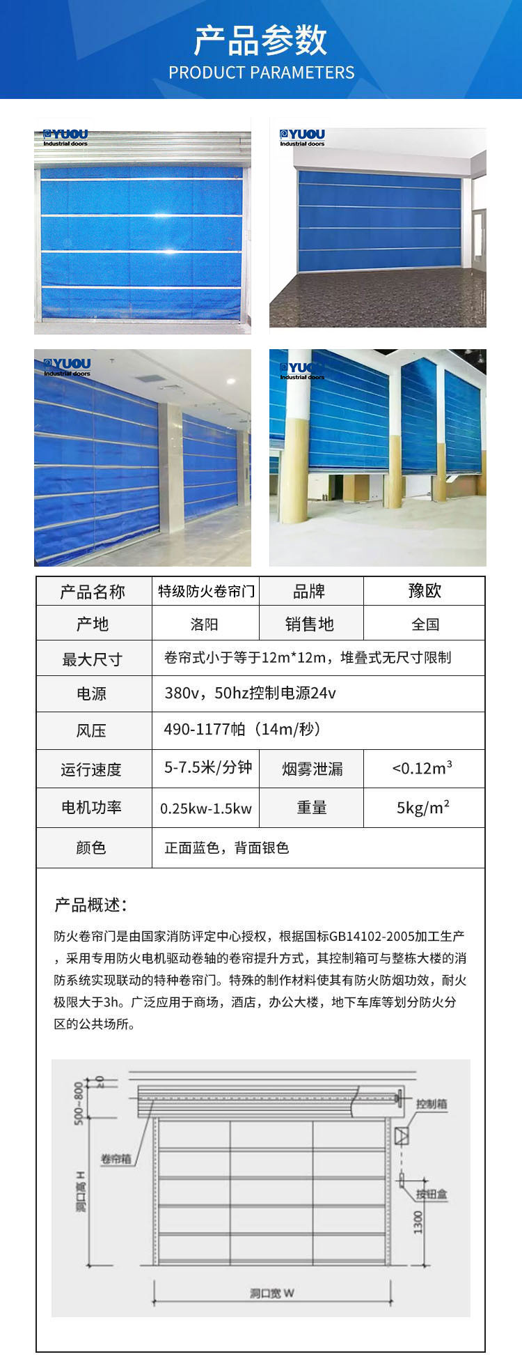 Production, installation and measurement of Yuou Door Industry's special grade inorganic fabric fireproof rolling shutter door