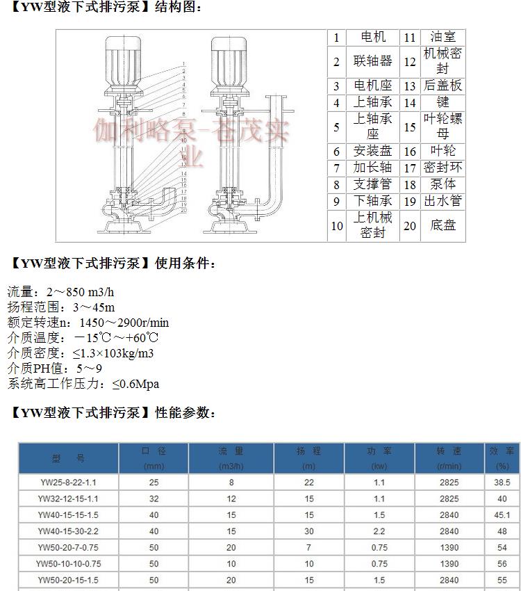 YW stainless steel double pipe sewage vertical long shaft non clogging sewage submerged pump Galileo brand