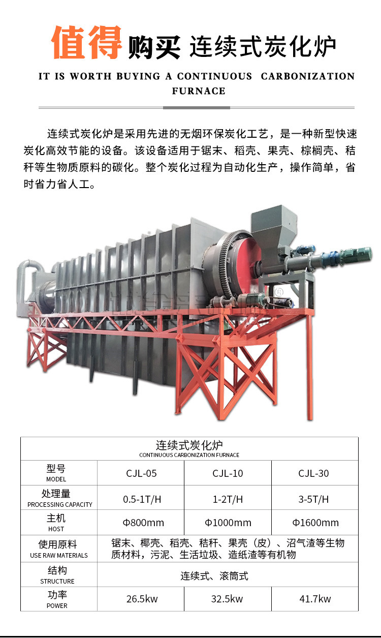 Continuous carbonization furnace fruit shell drum carbonization equipment Chengjinlai large wood carbonization machine