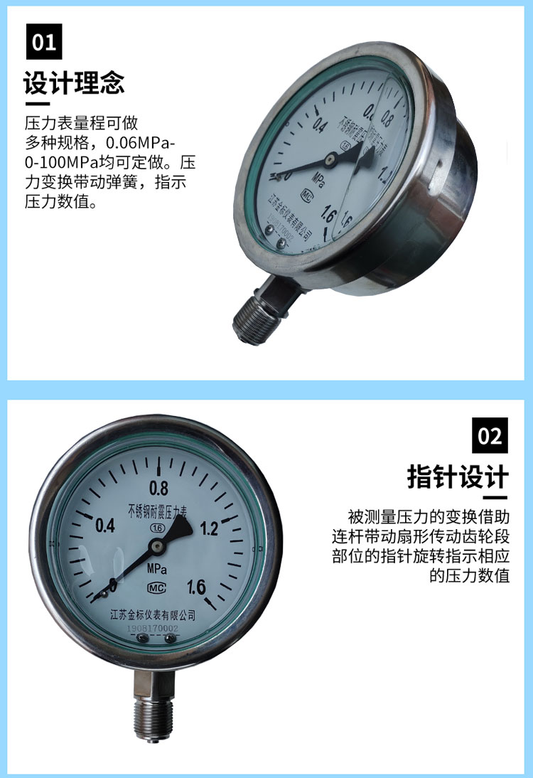 Gold standard instrument pointer Y60/Y100 radial high-pressure anti-corrosion industrial natural gas stainless steel shockproof pressure gauge