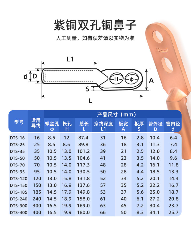 Double hole copper nose thickened tinned copper transition terminal block with double eyes DTS-16/25/35/50/70/630 flat