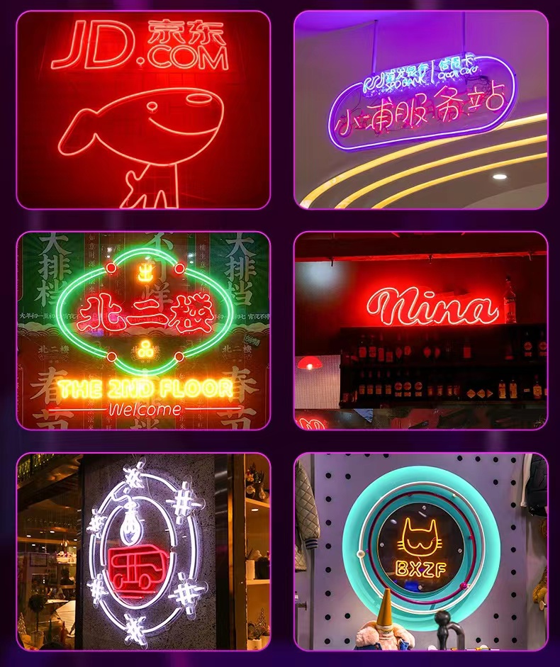 LED neon lights, illuminated characters, billboards, bars, insets, background walls, internet red images, and customized lighting design