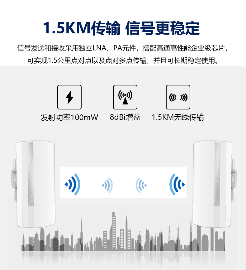 2 kilometers long distance transmission PoE power supply 2.4G high-power outdoor point-to-point WiFi monitoring wireless bridge