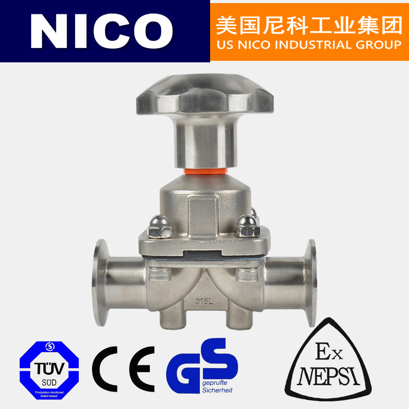 NICO imported manual quick connect sanitary diaphragm valve, stainless steel double diaphragm, food grade quick connect chuck