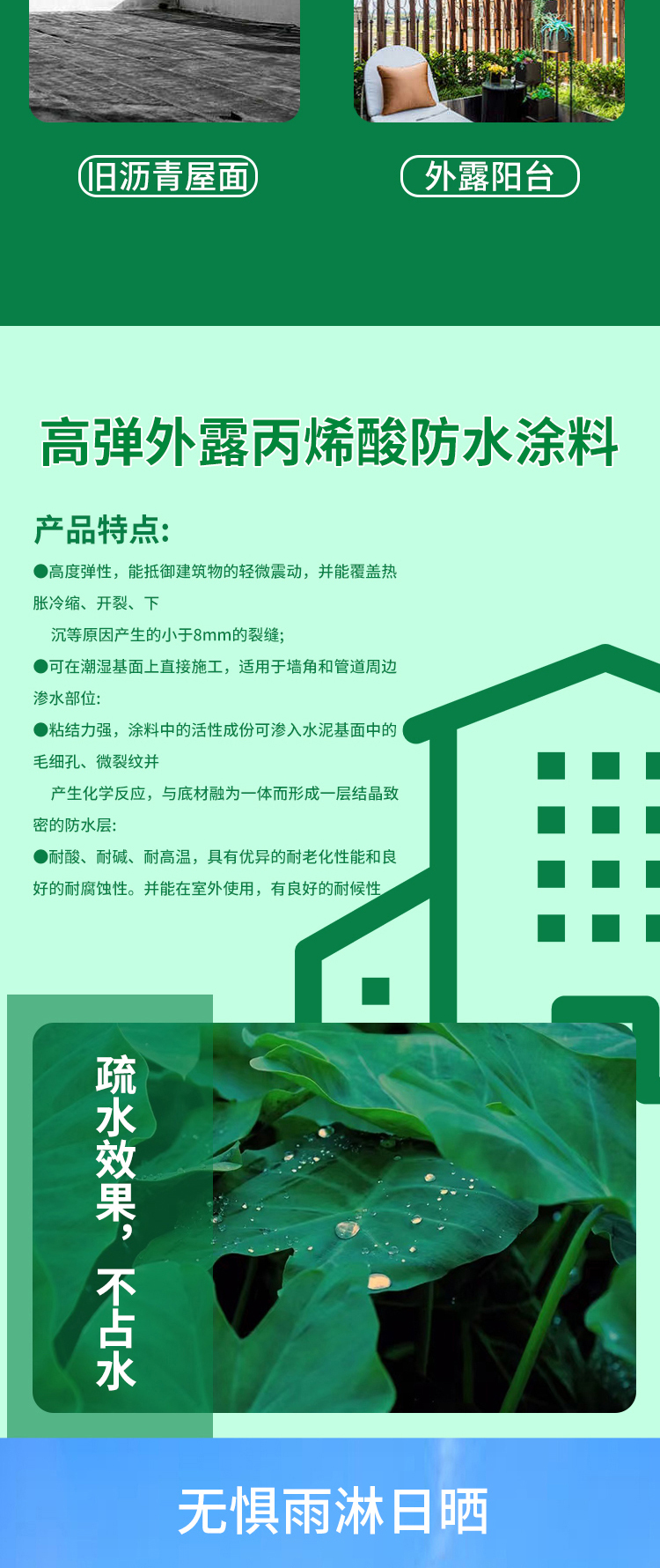 Exposed acrylic resin waterproof coating, color steel tile roof waterproof and leak sealing material, liquid roll material