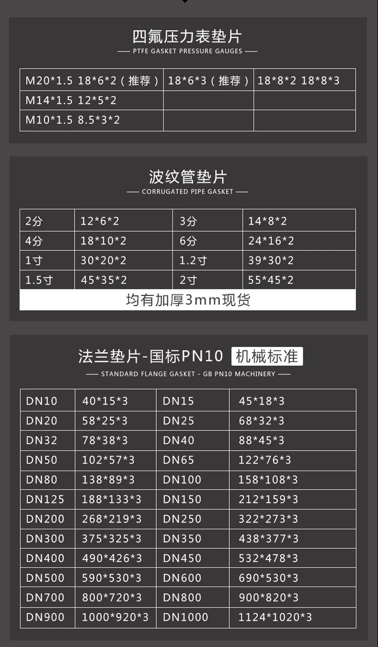 聚四氟乙烯垫片规格表图片