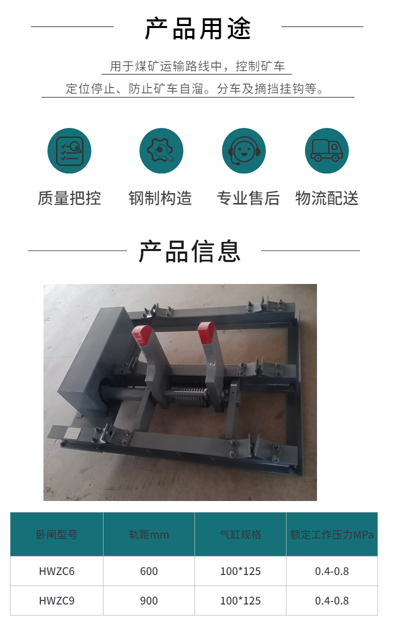 The structure of the pneumatic horizontal gate device for preventing the self sliding of mining cars in coal supply mine is simple