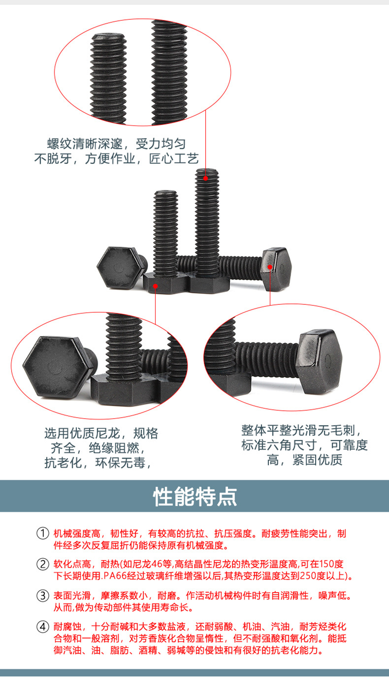 Armored nylon outer hexagonal bolt, white black plastic screw, wear-resistant and flame resistant PA66 insulated plastic screw