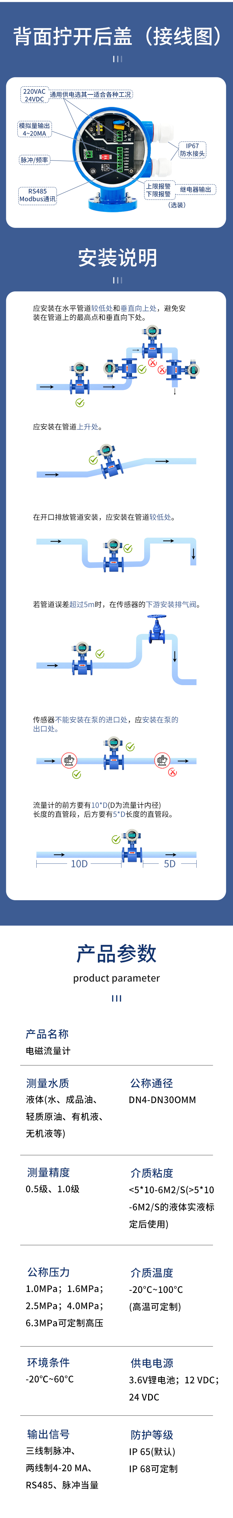 The electromagnetic flowmeter has stable performance and complete specifications, supporting customized measurement accuracy and corrosion resistance