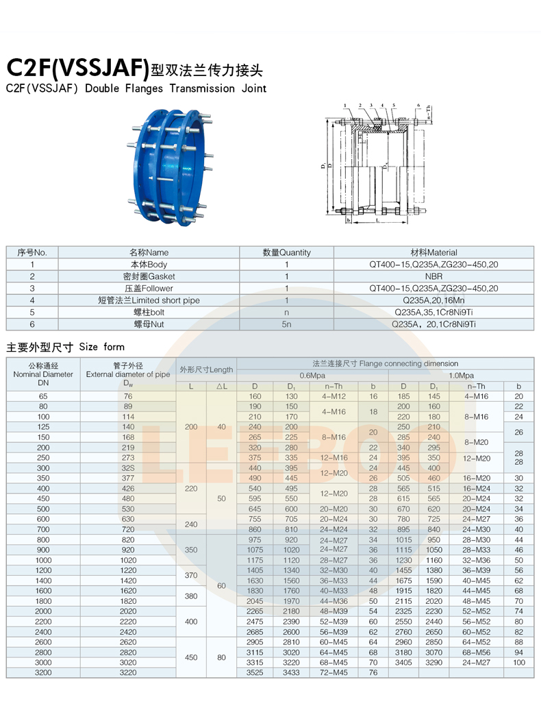 Half wire hemispherical iron double flange transmission joint DN52 loose sleeve expansion joint LEEBOO/Libo