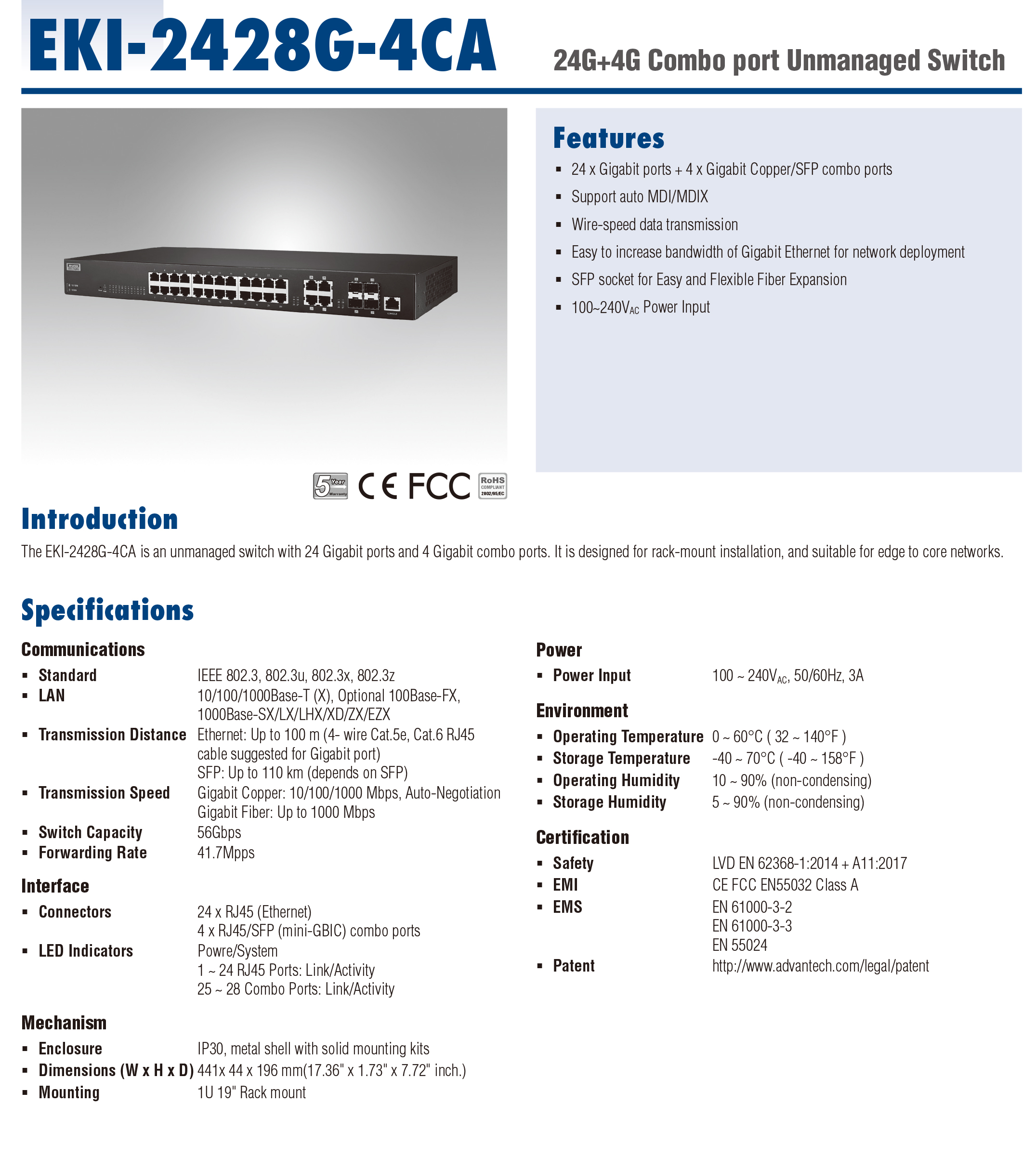 EKI-248G-4CA Advantech 24GE+4G Combined Unmanaged Ethernet Switch Line Speed Data Transmission