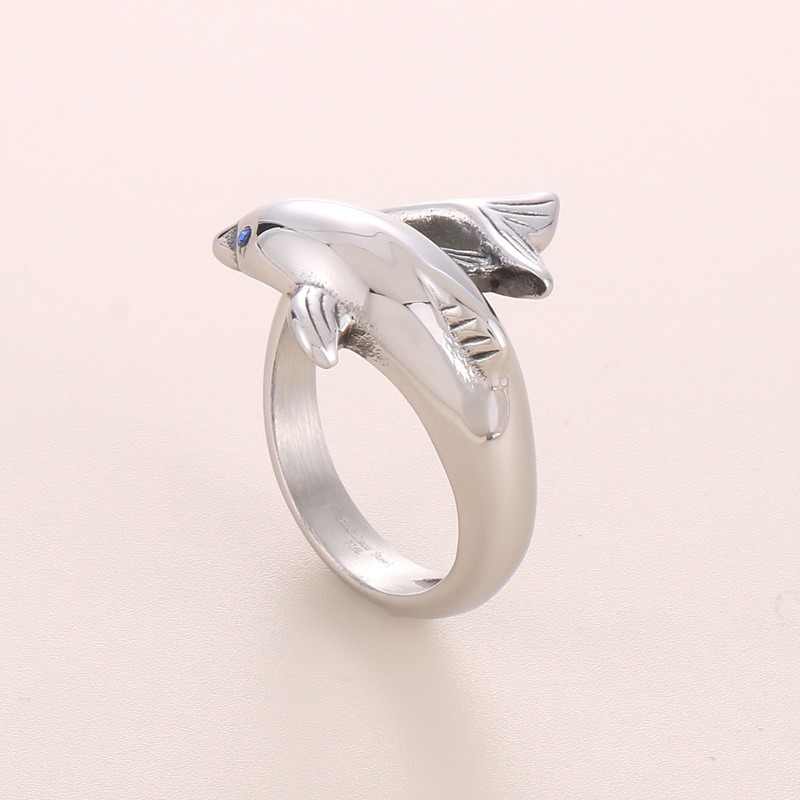 Original Factory Creative Stainless Steel Small Animal Men's Ring Titanium Steel Tidal Blue Eyed Dolphin Ring for Friends