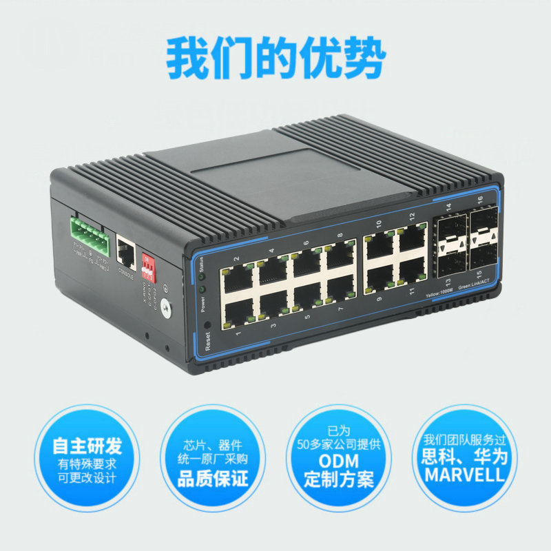 Gigabit 4 optical 12 electrical industrial Ethernet switch DIN rail type fiber self-healing ring network switch