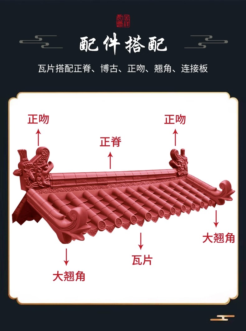 Red antique tile door head, eaves, wall, ancient building decoration, Chinese glazed roof tile, resin plastic roof, Chinese style integrated tile