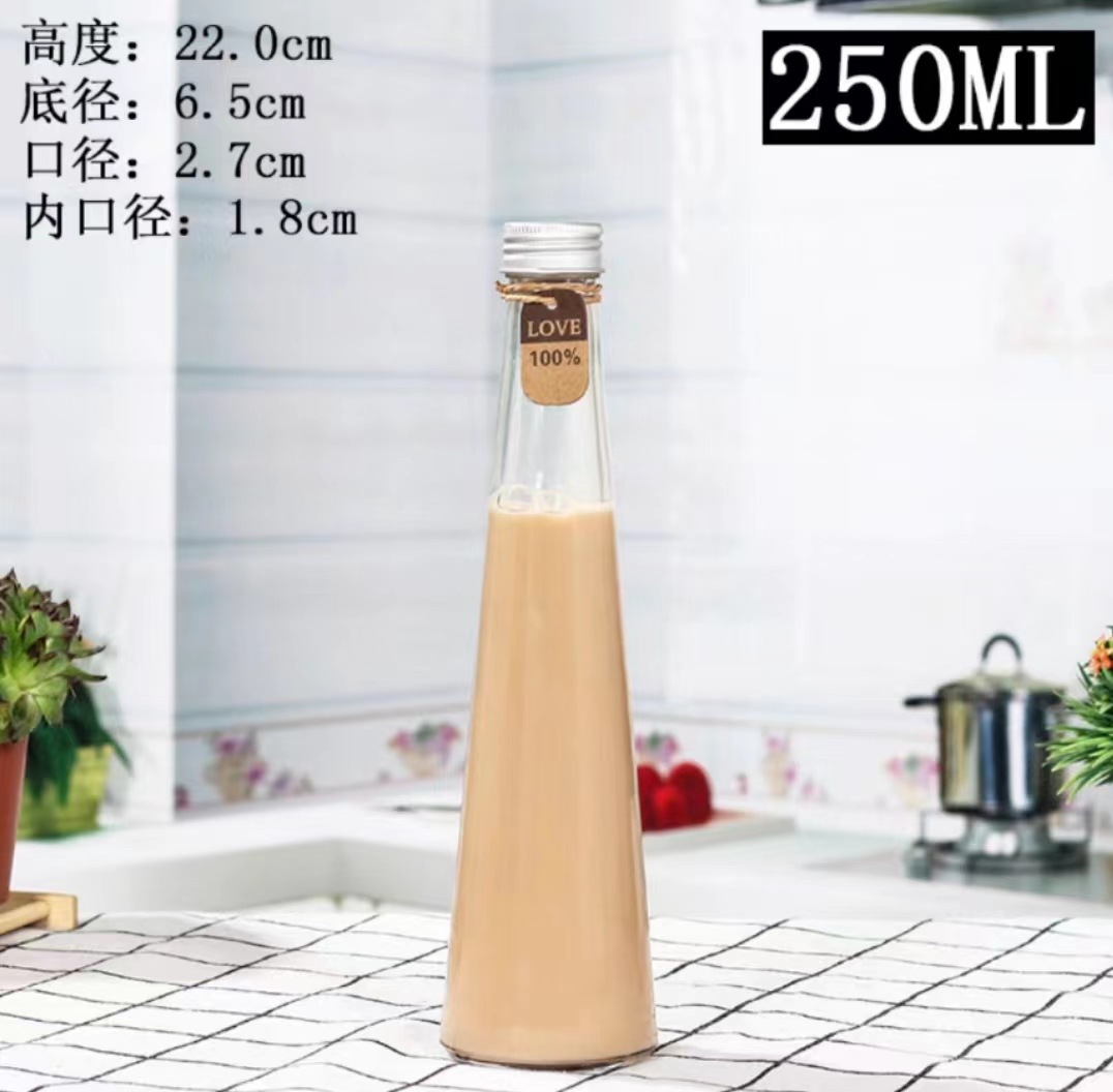 Transparent frosted conical drink bottle Exquisite Cold brew tea juice glass bottle Tea drink silk mouth with cover empty bottle
