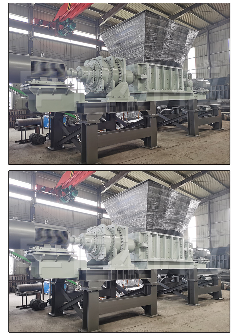 Large double axis shredder, large piece garbage crusher, waste furniture crusher, tables, chairs, benches, sofas, beds