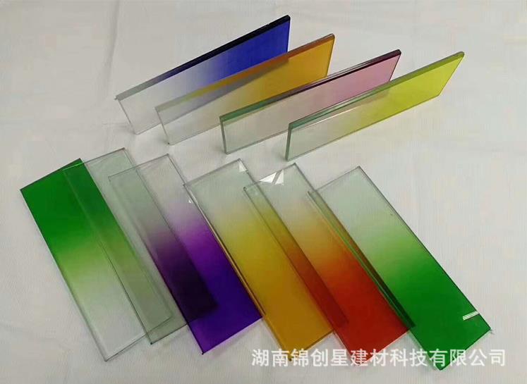 Colorful glass color change, dazzling color glass, laminated curtain wall glass, gradient glass, deep carving, wired art glass