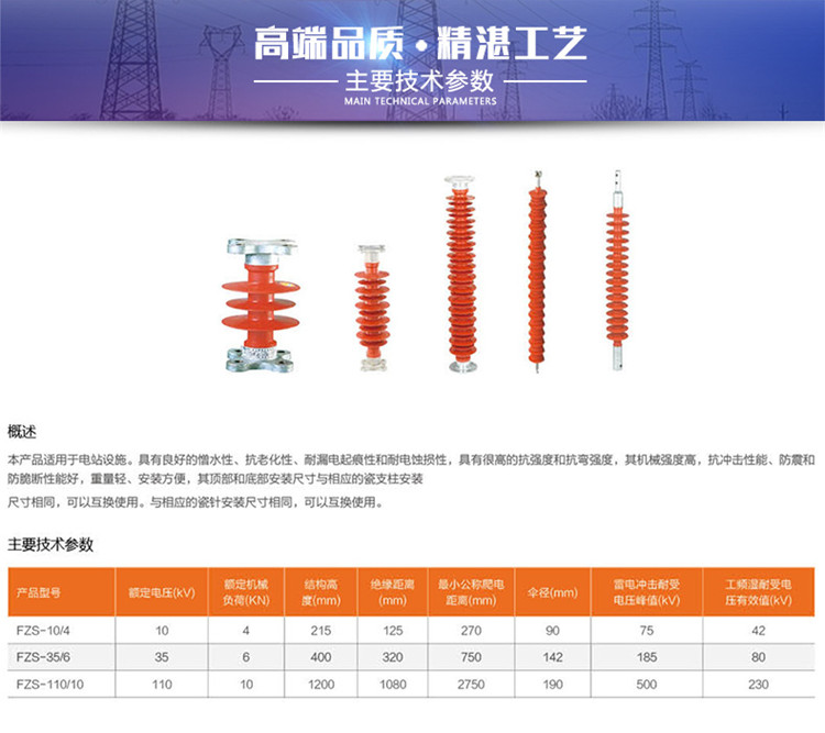 Factory supply of 110KV composite post insulators FZSW-126/10 high-voltage rod type post insulators