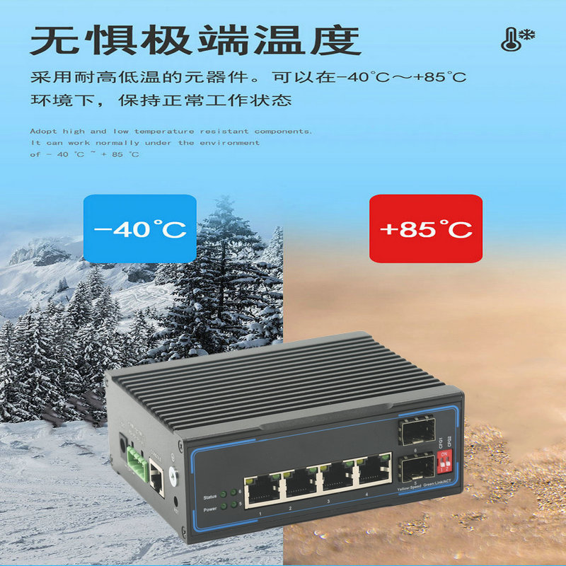 Gigabit 2 optical 4 electrical wide temperature ring network industrial grade management switch network high-definition photoelectric converter