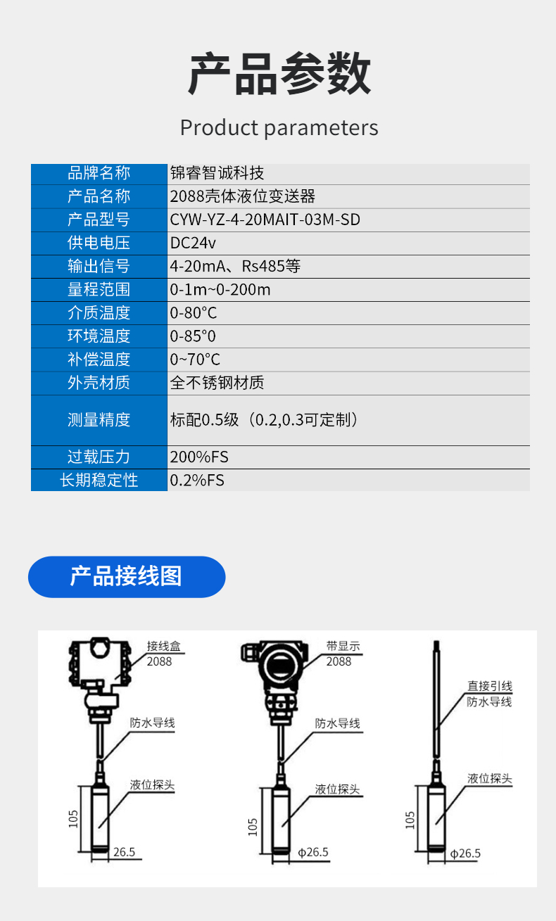 Jinruizhi Chengda Screen 2088 shell liquid level sensor head water level gauge input Level sensor JRWL2024