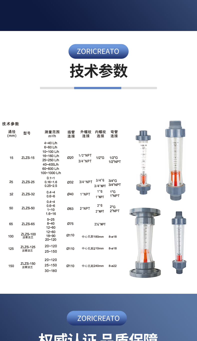 Zhuoran Tiangong Plastic PVC Glass Tube Rotameter Lzb Anticorrosive Float Alarm Switch DN100AS Pipe