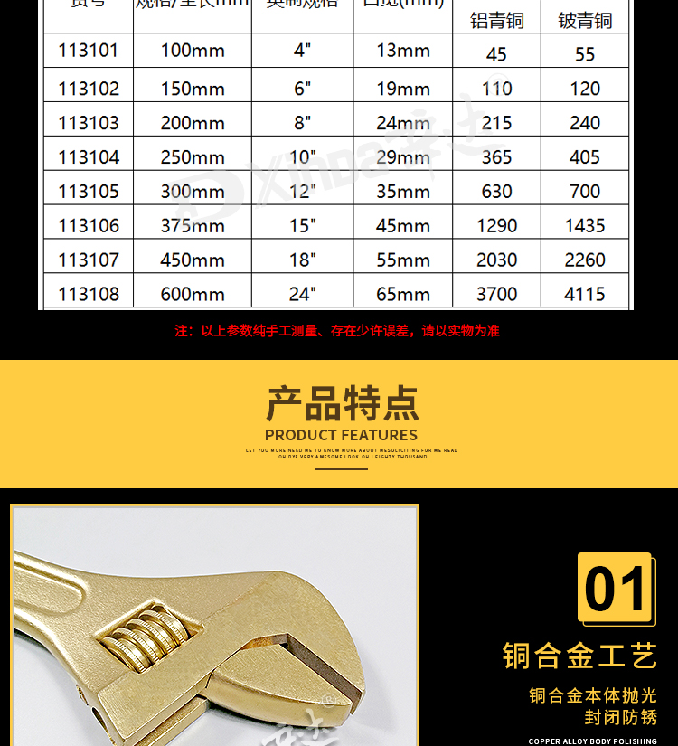 Xinda explosion-proof adjustable wrench 12 inch all copper adjustable wrench copper wrench 300mm petrochemical special explosion-proof tool