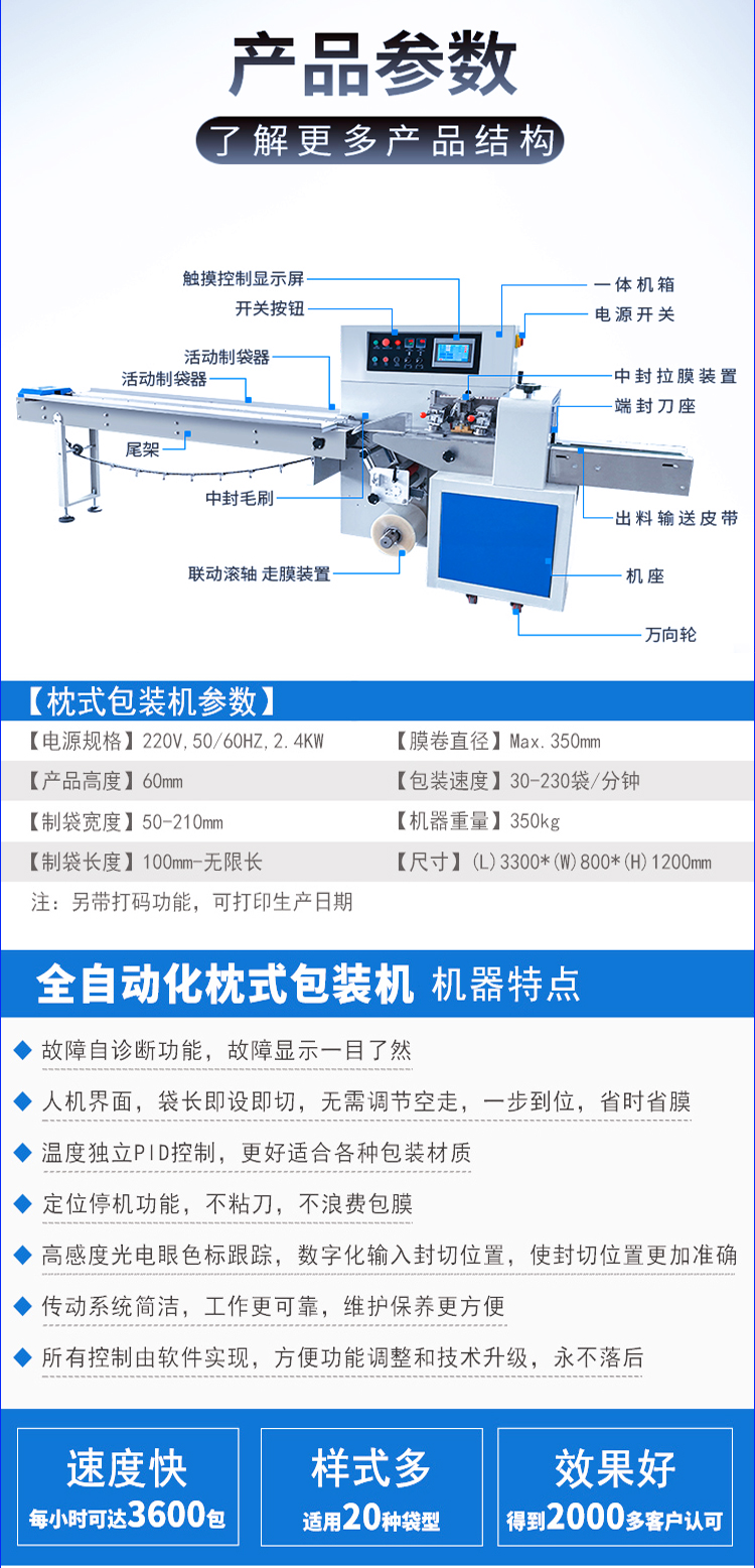 Small bag Mantou bread moon cake packaging machine soap pe roll film bag making three servo pillow packaging machine