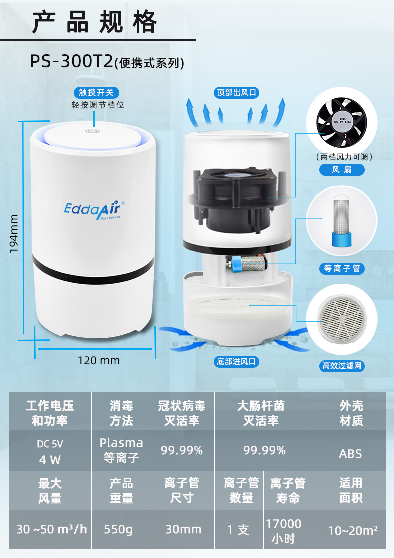 Portable office plasma air sterilization and disinfection machine bipolar ion air purification device for formaldehyde removal