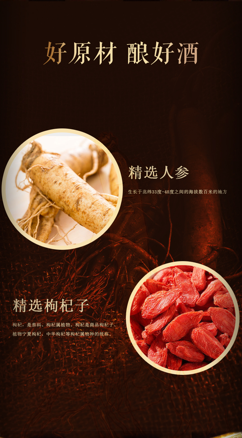 Acrylic ginseng Qi wine can be customized with soft and strong aroma, and various health preserving formulated wines can be produced through OEM processing and OEM labeling