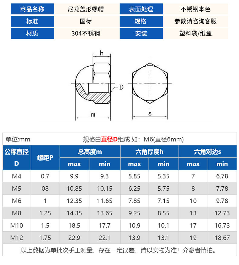 Plastic nylon head cap nut stainless steel 304 316 carbon steel alloy steel spot non-standard customized drawing processing