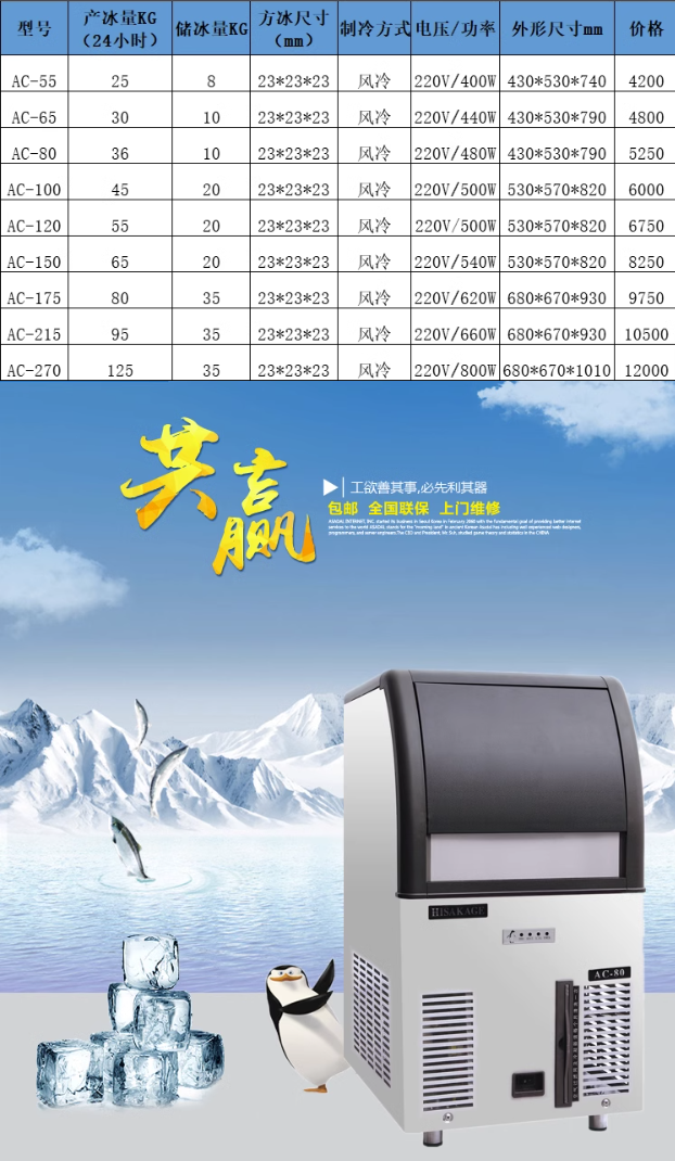 Jiujing AC-120X square ice commercial ice maker with a daily ice production capacity of 55kg, dedicated to milk tea shops and coffee shops
