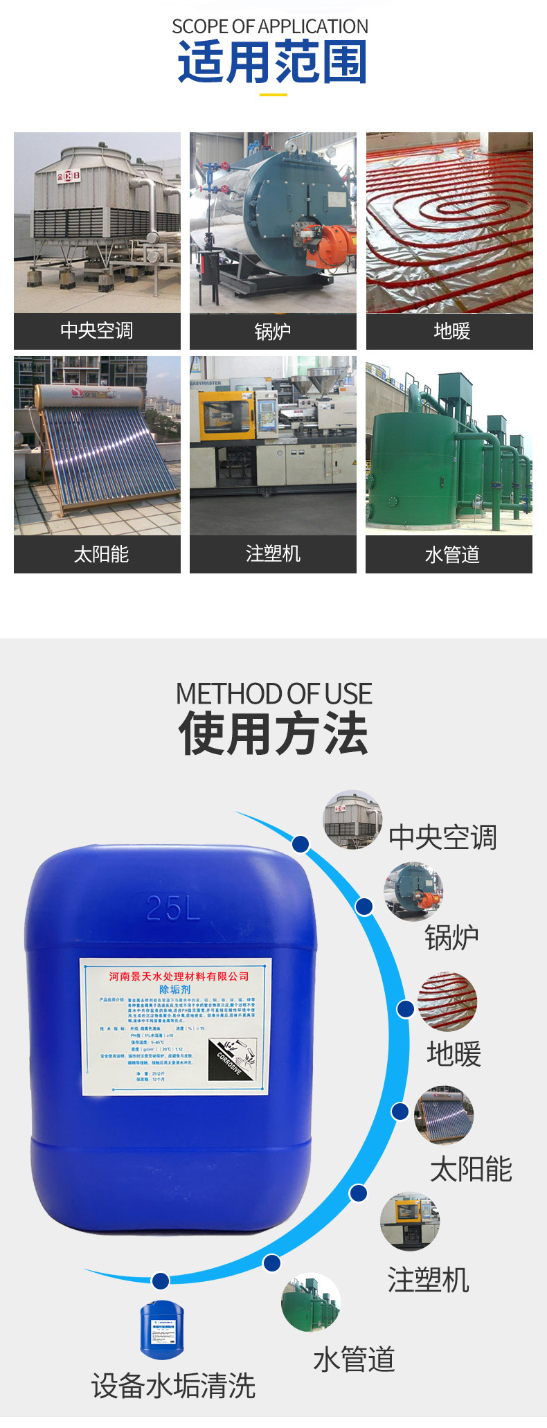 Scale remover for industrial pipeline cooling tower of solar central air conditioning industry, scale inhibitor for cleaning heating pipes and water pipes