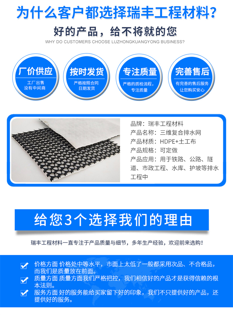 Three dimensional composite drainage network for landfill drainage breathable materials, three-dimensional guided filtration protection network