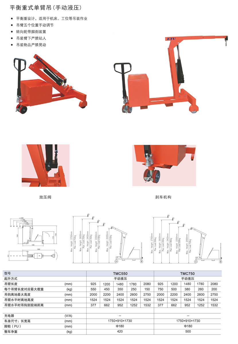 ETU Yitiaoyou, single arm balanced weight single arm crane, manual hydraulic crane, mobile hoist